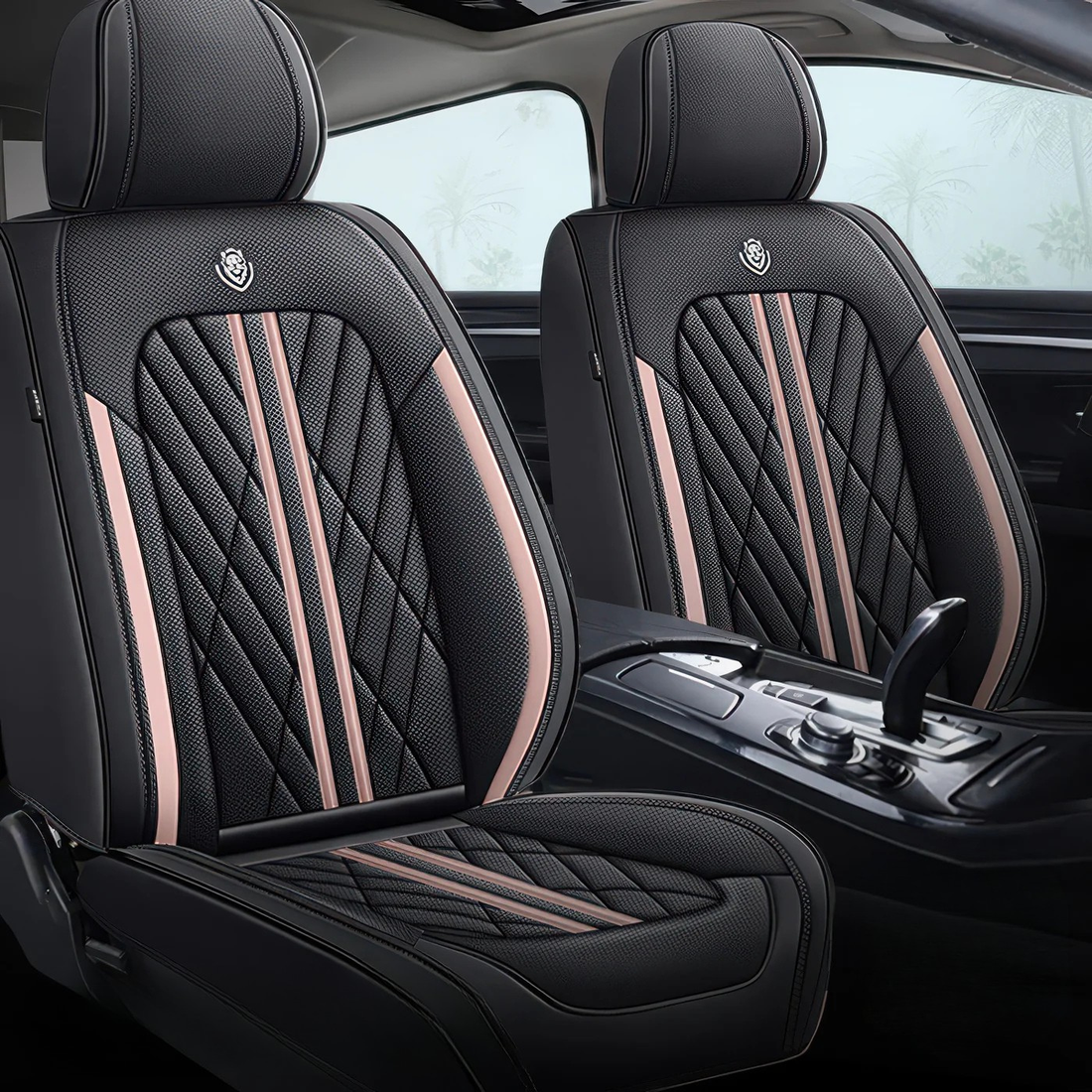 Black & Pink car seat covers fitted to the front seats