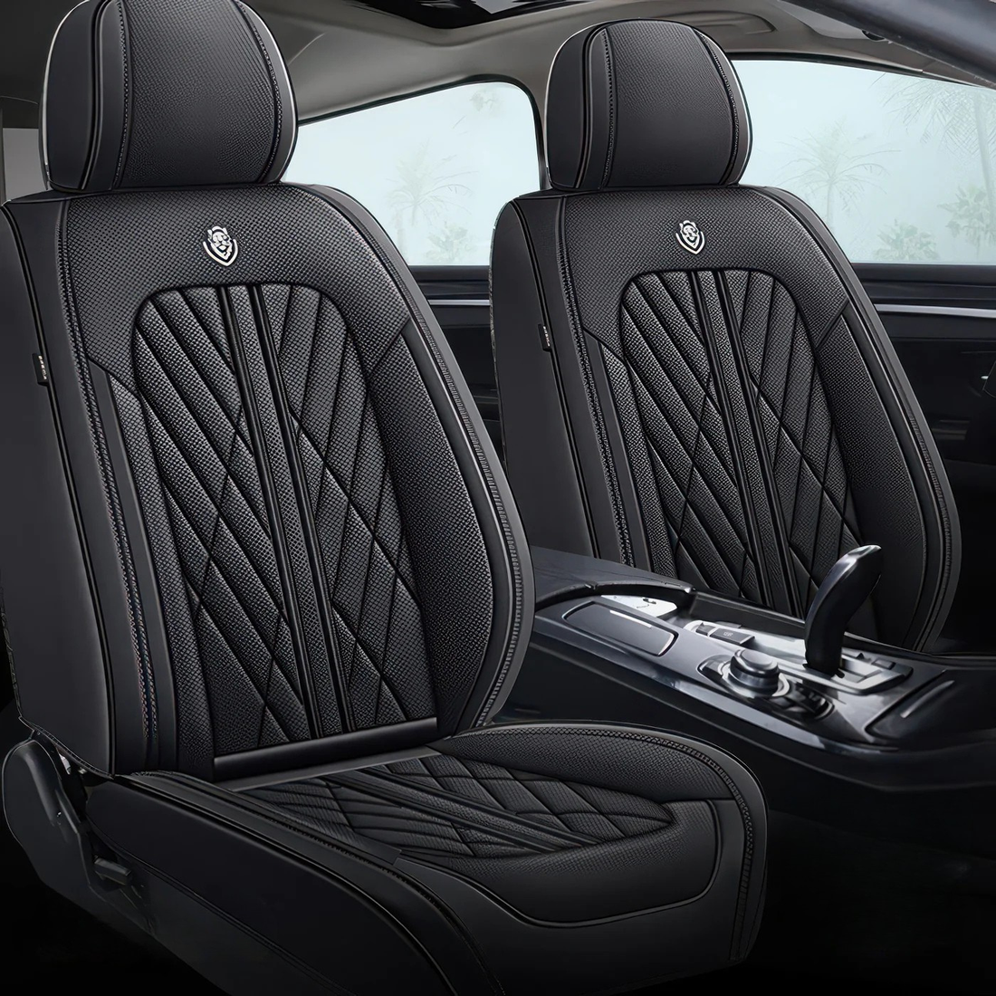 Black car seat covers fitted to the front seats