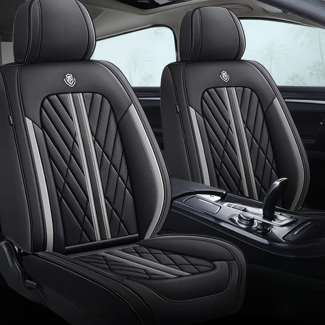 Black & Gray car seat covers fitted to the front seats