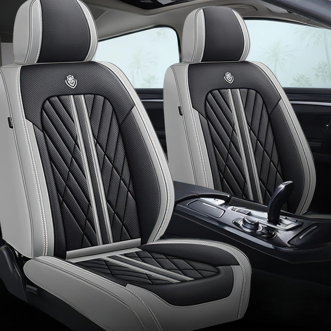 Gray & Black car seat covers fitted to the front seats