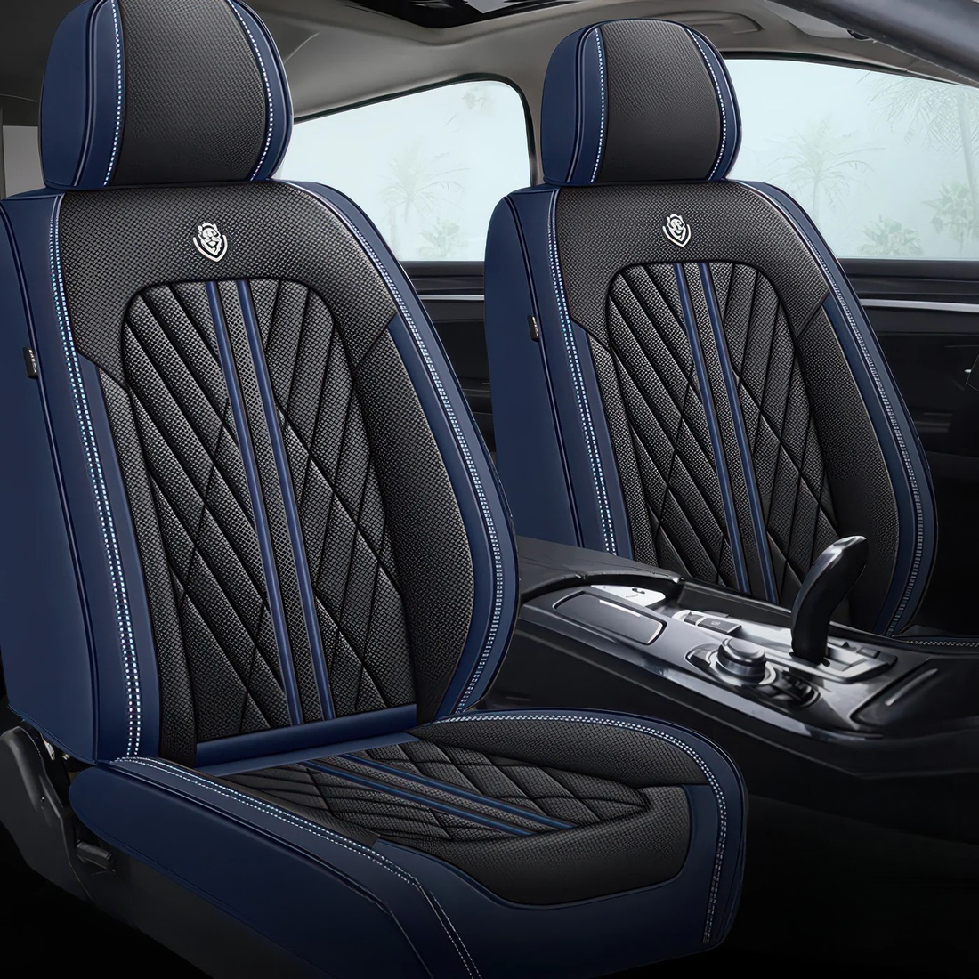 Black & Navy car seat covers fitted to the front seats