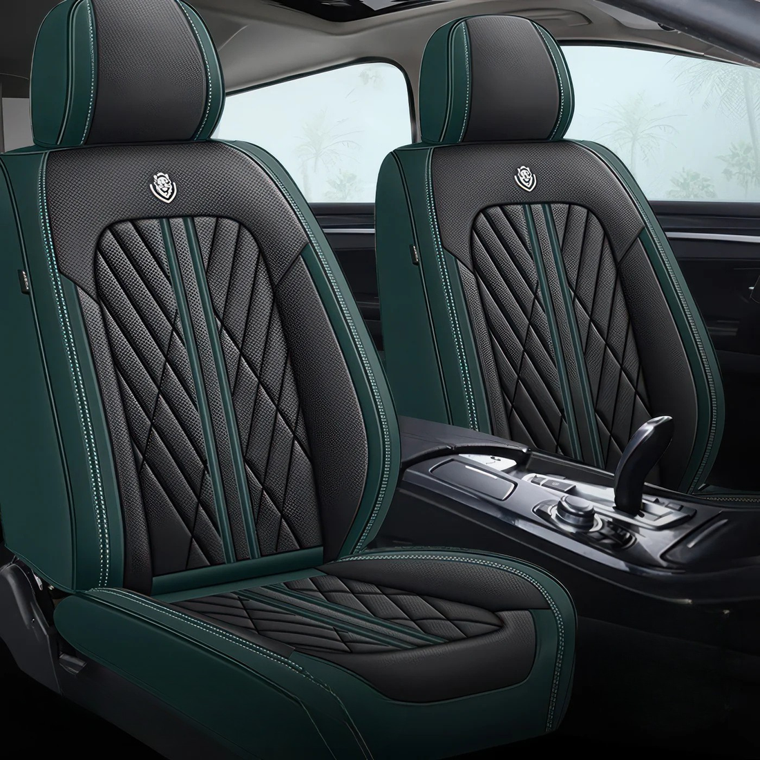 Green & Black car seat covers fitted to the front seats