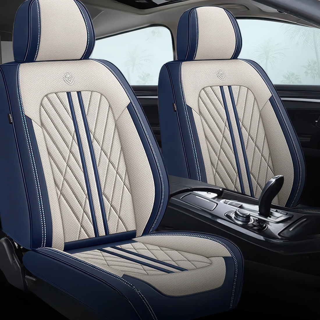 Beige & Blue car seat covers fitted to the front seats