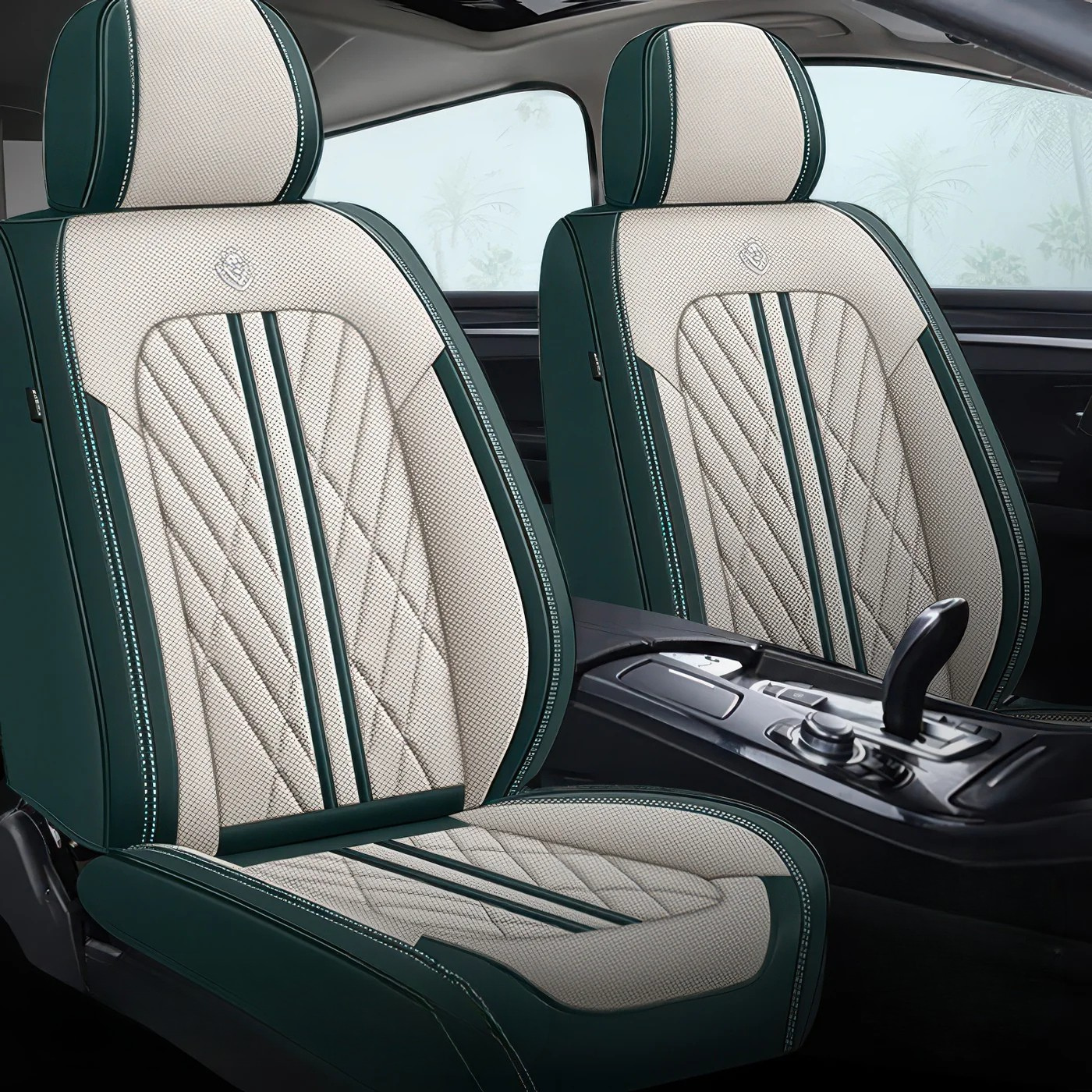 Elite Car Seat Covers - Beige & Green | Waterproof Leather Car Seat Covers
