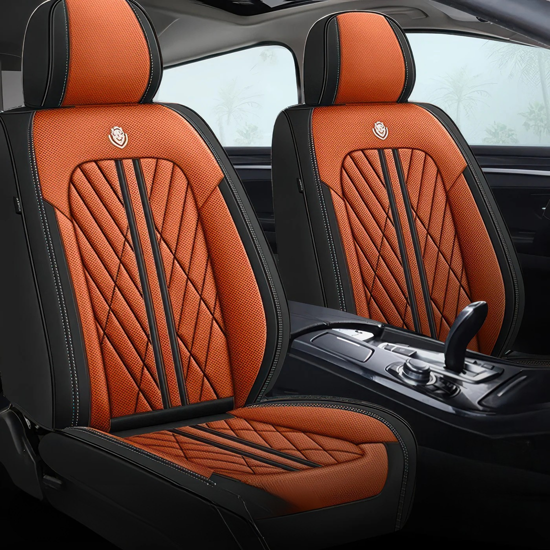 Orange & Black car seat covers fitted to the front seats