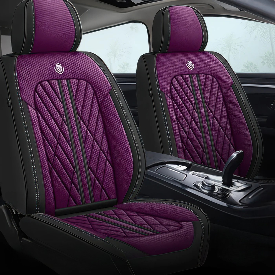 Purple & Black car seat covers fitted to the front seats
